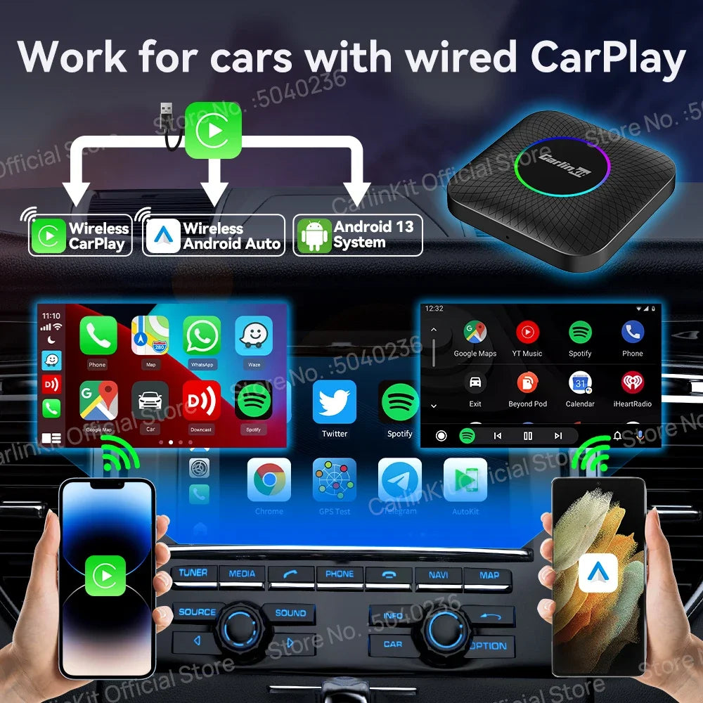 CarlinKit Wireless CarPlay TV Box Wired to Wireless Android Auto Adapter Android 13 8 128G Smart Box For Netflix IOS17